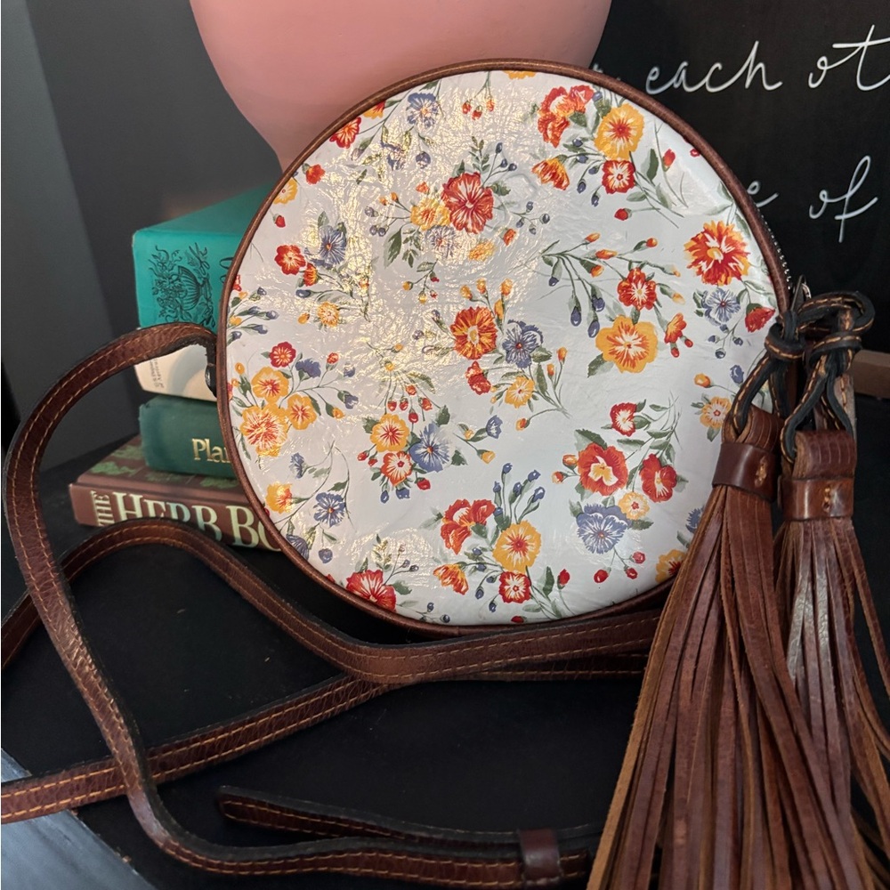 Patricia Nash White Floral Crossbody Bag with Brown Tassels